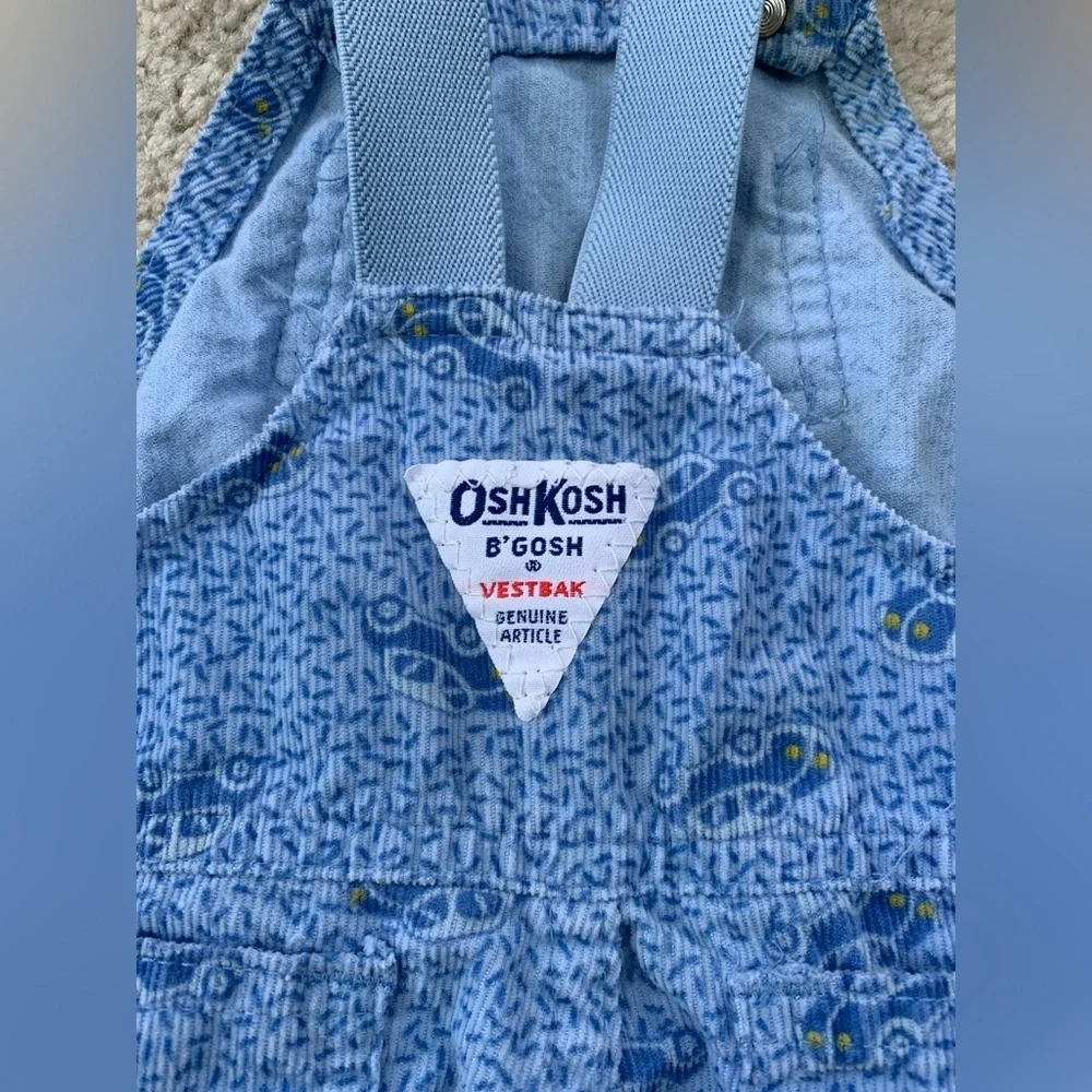 Vintage OshKosh Size 12 Months Blue Transportation Car Print Corduroy Overalls